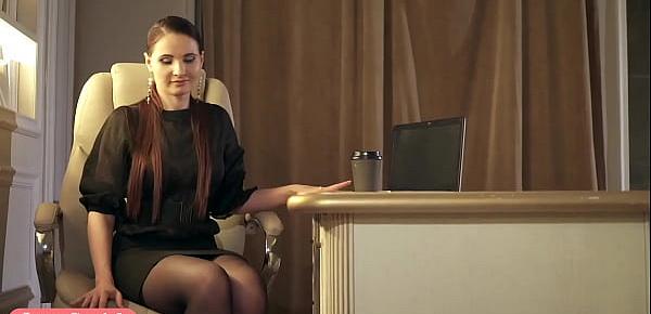  Your Chief Jeny Smith plays the role of the boss. High heels, stockings and mini skirt.